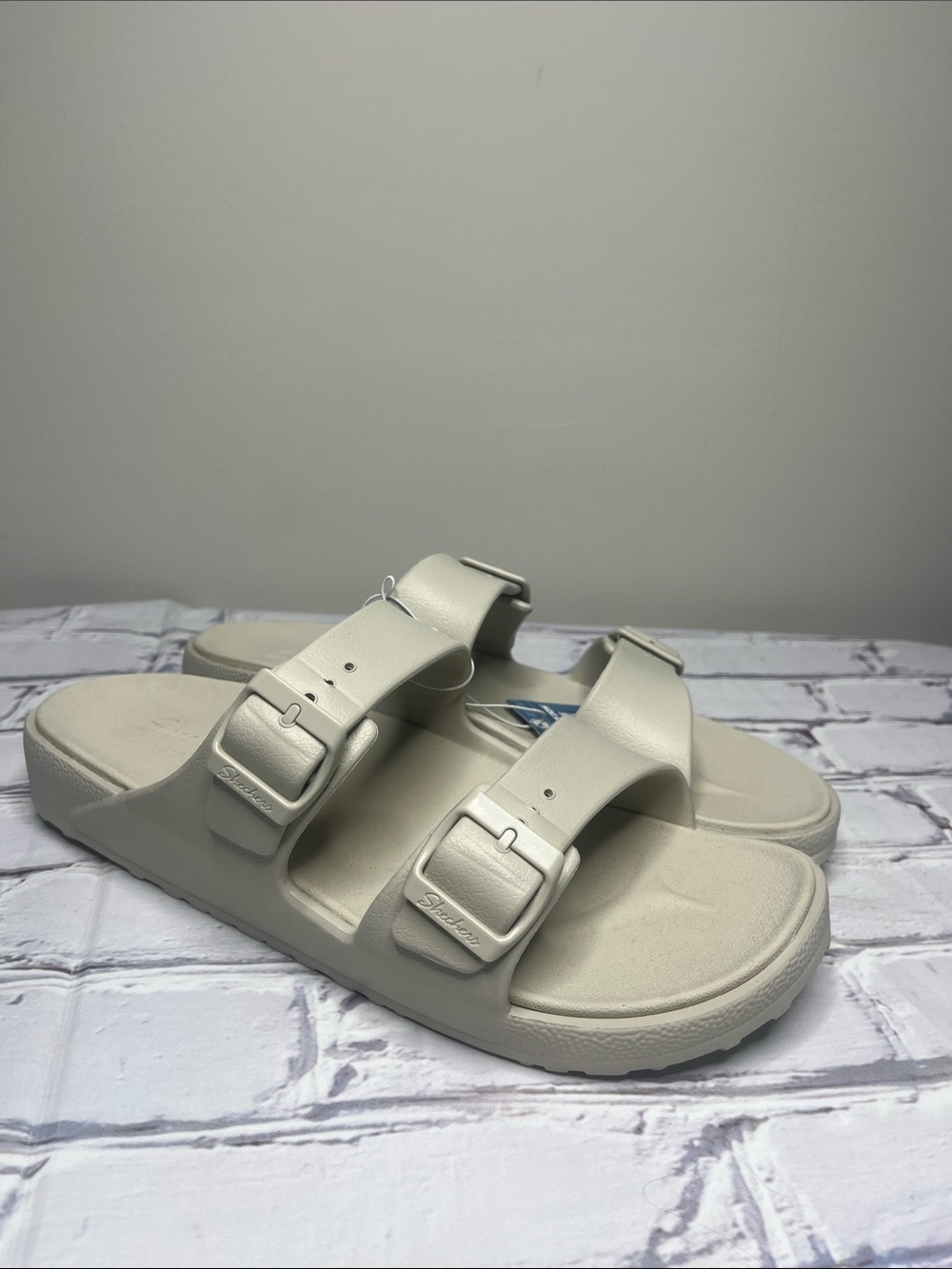 Skechers Beige Slide Sandals with Buckle Detail